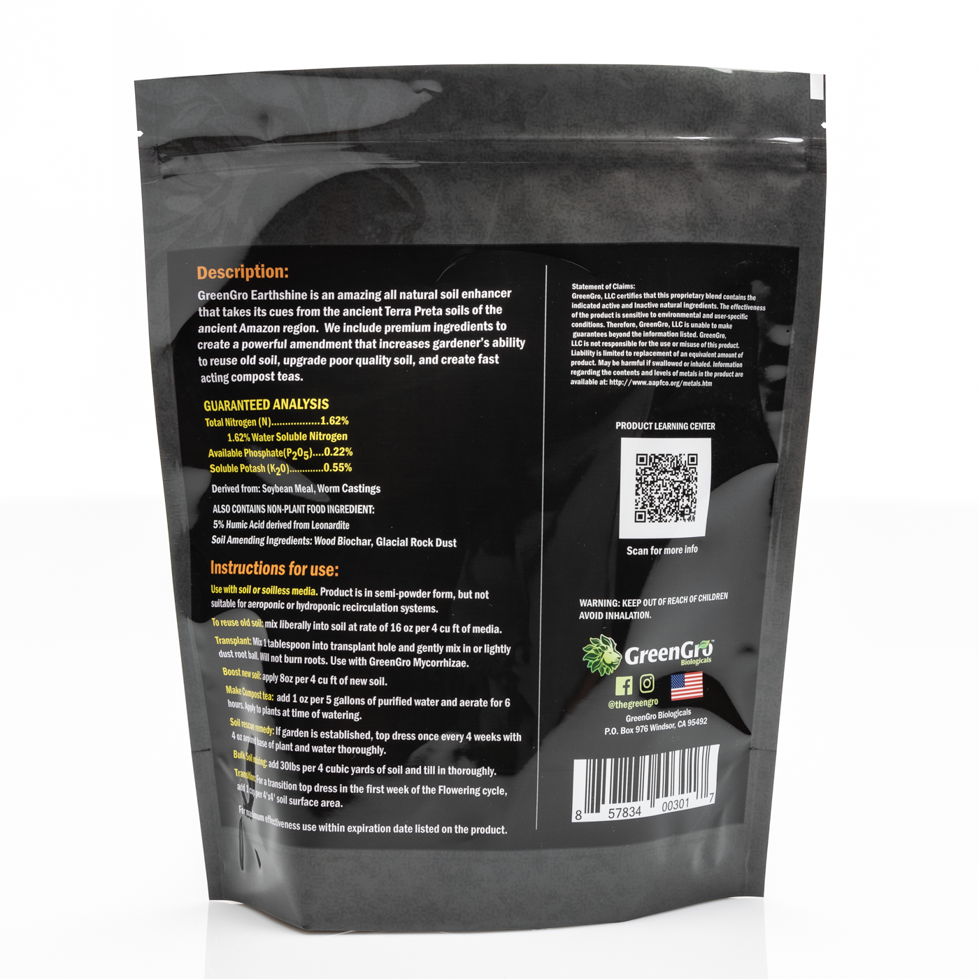 Earthshine Biochar & Humic Acid Blend/Activated Charcoal/Sequesters